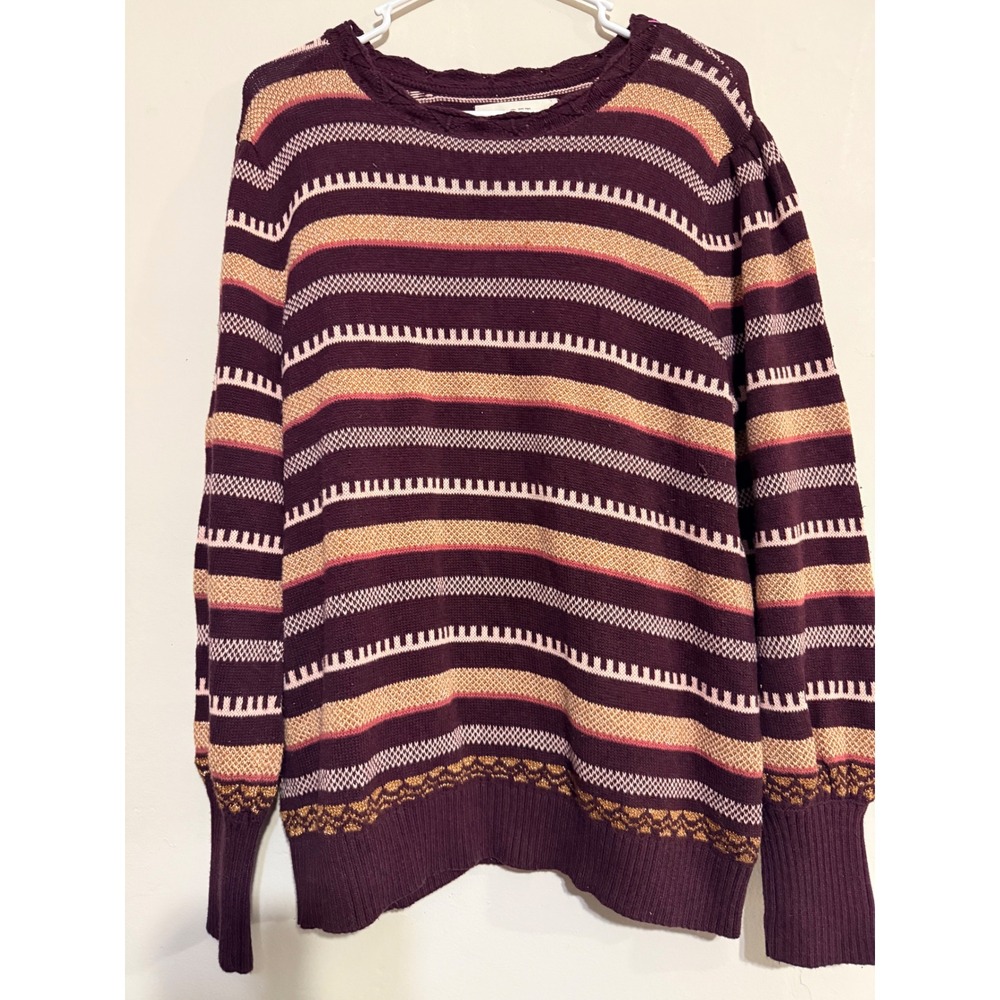 LOFT Striped Sweater Burgundy Gold Tan Long Sleeve Crew Neck Pullover XL‎ Cozy